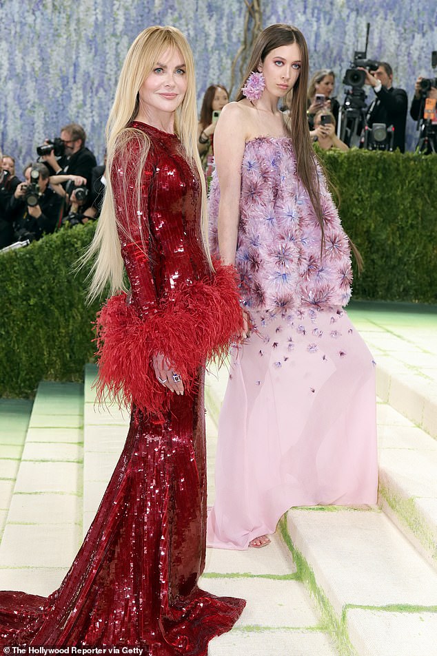 The Oscar-winning actress, 58, arrived as a co-chair of fashion’s biggest night in a red sequined Chanel ensemble, while Sunday Rose opted for a strapless pink look that complemented her mother’s bold style.
