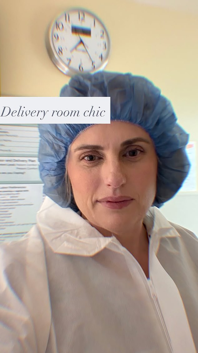 Rebel, 46, also shared a candid selfie from the hospital, wearing a blue medical cap and captioning the photo: 'Delivery room chic'