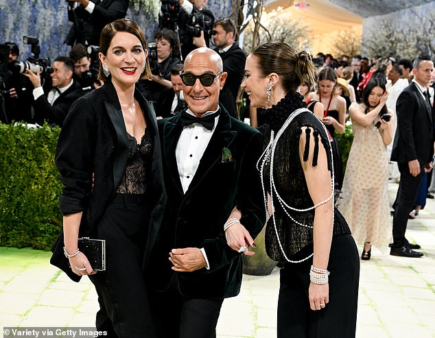Stanley, 65, meanwhile cut a smart figure in a velvet suit jacket and dark shades, while Felicity, 45, rocked a lace corset with a two-piece