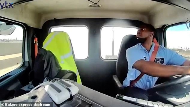 Pictured: The driver of the truck that was clipped by the airplane. He was working for H&S Family of Bakeries. His windscreen was shattered and there was a puncture hole in the cab of the truck