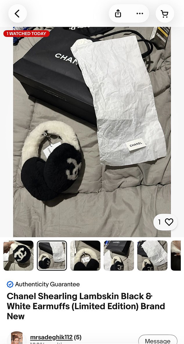 Ms Martins trawled online resale sites and astonishingly found the exact pair of stolen Chanel Shearling Lambskin Black & White earmuffs being sold on an eBay account