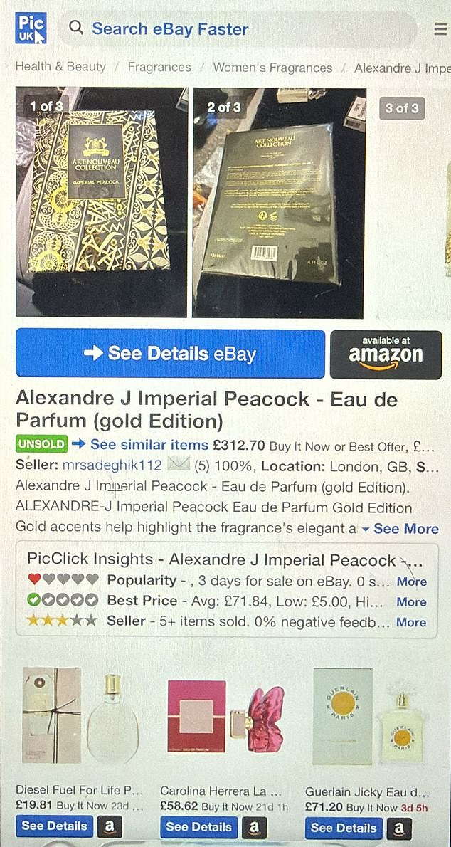 Her suspicions were further strengthened when she spotted her stolen Alexander J Imperial Peacock Eau de Parfum listed on the same account