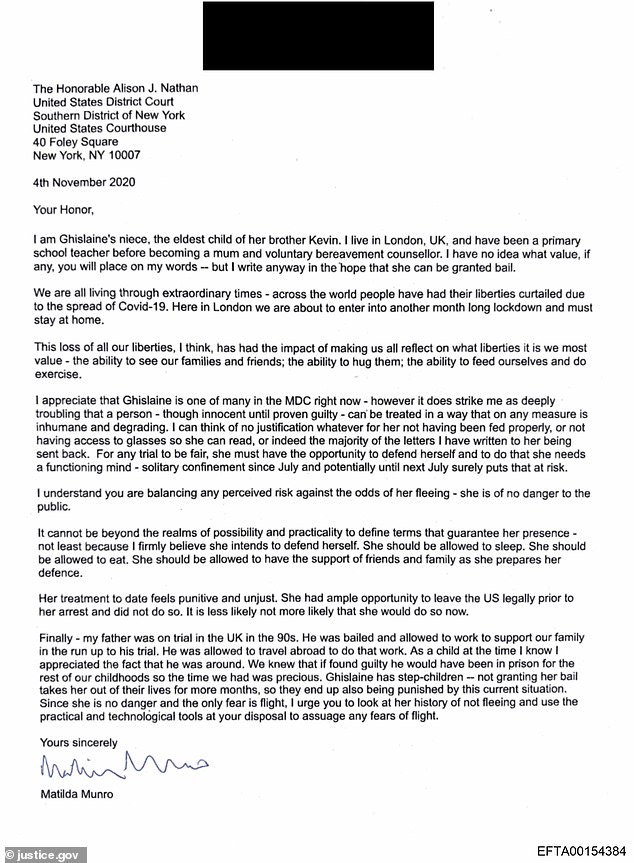 The letter, written on November 4, 2020, was addressed to New York District Court judge Alison Nathan