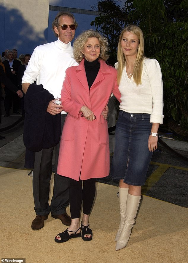 Paltrow, who calls herself 'one of the original nepo babies', is pictured with her actress mother Blythe Danner and Hollywood producer dad Bruce Paltrow