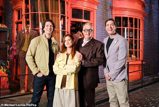 In a nod to the milestone anniversary, the walkthrough exhibition space hosted former Harry Potter stars Bonnie Wright , James and Oliver Phelps and Mark Williams, who are best known as Ginny, Fred, George and Arthur Weasley