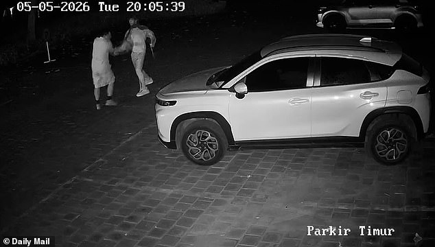 The stabbing happened at a resort near Gilimanuk Sea Port in North Bali on Tuesday night. Pictured: The traveller stabbing the receptionist