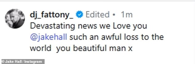 Leading tributes to the star was legendary DJ Fat Tony, who shared an image of the star alongside the caption: 'Devastating news we Love you such an awful loss to the world you beautiful man x'