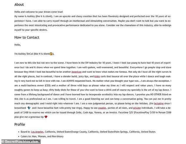 Rylaarsdam's 'About' page on her escort site Secret Hostess