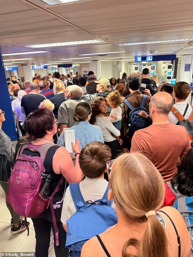 Pictured: Holidaymakers in Milan Linate facing chaos caused by the EES system