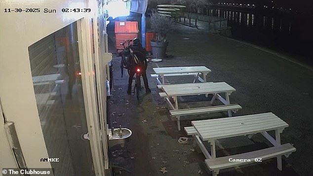 The criminal is later filmed riding along the River Thames with two bikes worth more than £10,000 resting on his shoulder