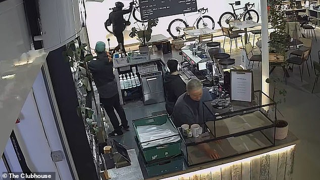 While in other clips, criminals wearing cycling helmets are seen blitzing inside the café and shamelessly swiping bikes from shelves as staff watch on helplessly from behind the bar