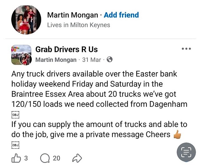 The Mail can also reveal that Mr Mongan was trying to arrange huge deliveries of hardcore - solid materials laid on ground before construction work - to the Braintree area on May 31