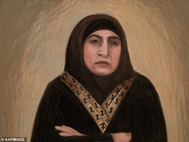 Grandmother Kawsar Abbas appeared in Melbourne Magistrates Court on Friday morning charged with four crimes against humanity and was remanded in custody. She is pictured in a court sketch
