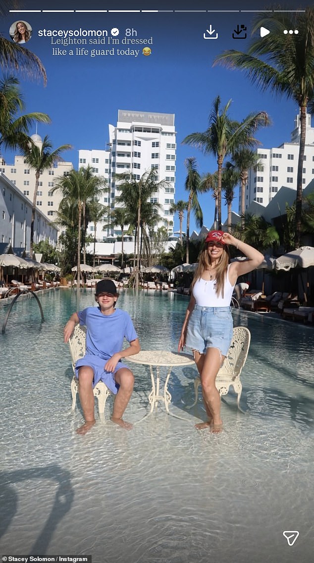 The mother-of-five slipped into a figure-hugging white swimsuit and denim shorts for the yacht, but lamented that her teenage son said she was 'dressed like a lifeguard today'