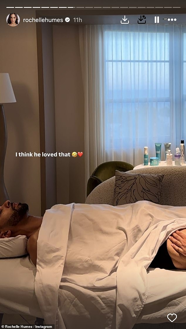 The Saturdays singer shared a snap of the JLS star, 41, lying on a massage table and being treated to a lymphatic drainage massage, captioning it: 'I think he enjoyed that'