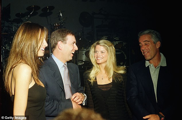 Andrew with Melania Trump and Gwendolyn Beck, Jeffrey Epstein's money manager, at the Mar-a-Lago club in Palm Beach, Florida, in 2000