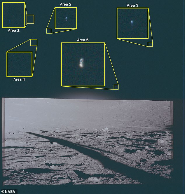 This archival photograph depicts the lunar surface as viewed from the landing site of Apollo 12. This image features highlighted areas above the horizon in which unidentified phenomena are visible
