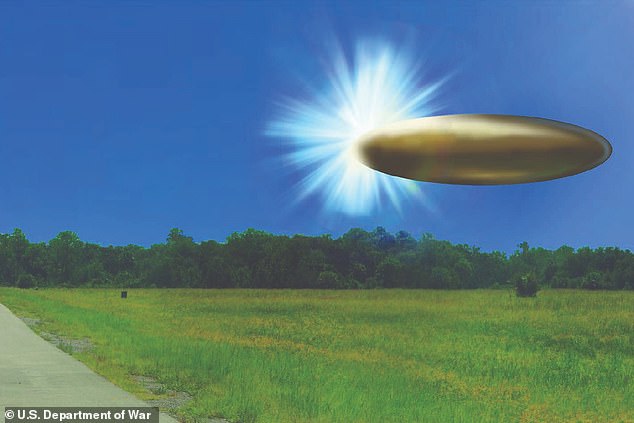 A government graphic, based on witness reports from 2023, depicts a massive ellipsoid-shaped object that witnesses claimed emerged from a bright light in the sky before vanishing