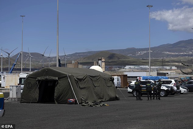 A command post is set up at the port of Granadilla de Abona, in Tenerife Island, during preparations for the arrival of the cruise ship MV Hondius