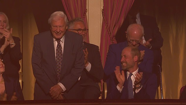 Sir David was greeted by the Prince of Wales as he took his seat in the Royal box before the 90-minute live event got underway