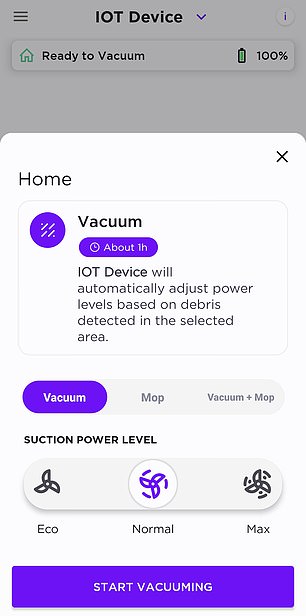 Choosing the suction power level via the app
