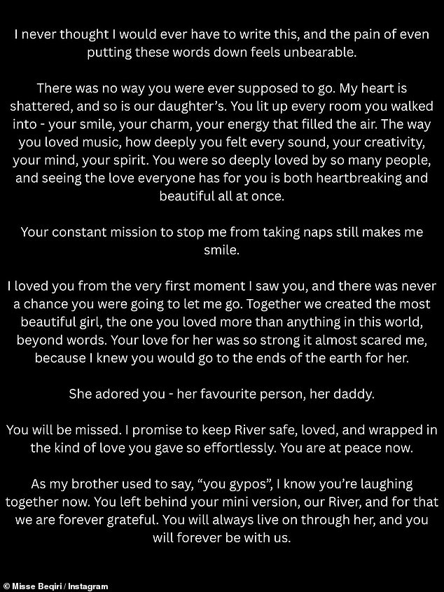 In a heartbreaking update, Misse wrote: 'I never thought I would ever have to write this, and the pain of even putting these words down feels unbearable'
