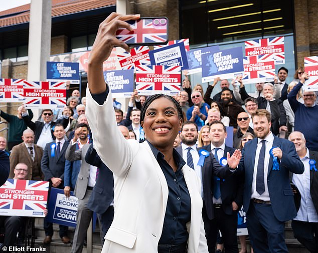 A 20 per cent share for Kemi Badenoch's (pictured) party in the next general election has been predicted since the council election results - amounting to 96 seats