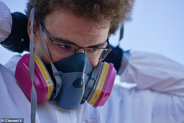 Ben Giles wears a double-layered, full body suit made from plastic polymer, and double-thick gloves, shatterproof goggles and heavy-duty boots when cleaning up crime scenes