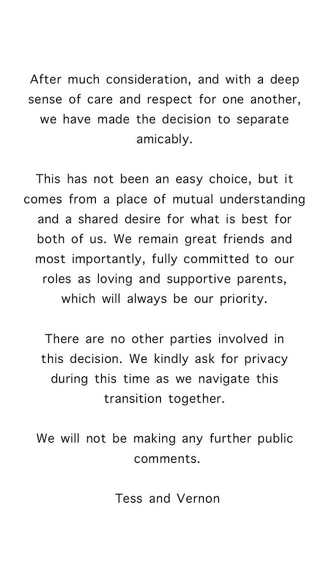 In a heartbreaking statement, the two revealed they had decided to split after 'much consideration, and a deep sense of care and respect for one another'