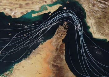 A satellite view of the Strait of Hormuz.