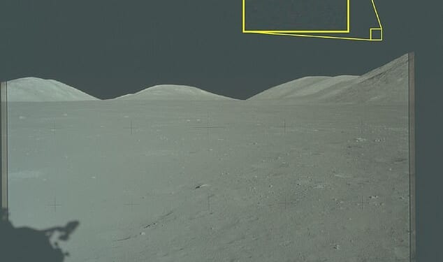 A photo from the Apollo 17 moon landing that highlights three dots in the sky as seen from the moon's surface