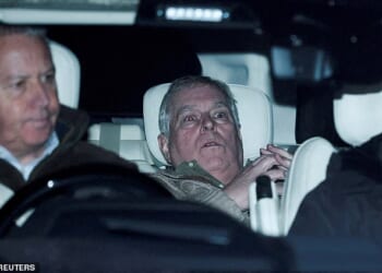 Andrew Mountbatten-Windsor, pictured after his arrest in February, was apparently confronted by a mystery man in a balaclava yesterday