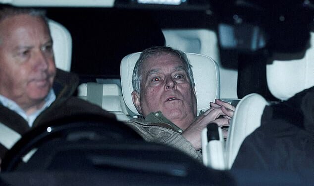 Andrew Mountbatten-Windsor, pictured after his arrest in February, was apparently confronted by a mystery man in a balaclava yesterday
