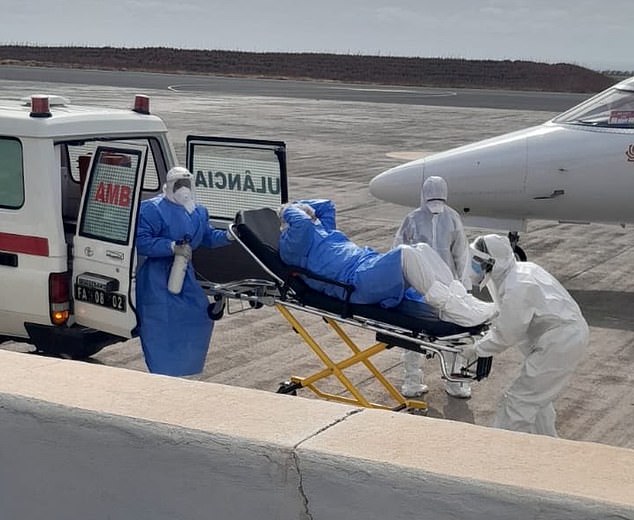 The outbreak of the rare, rat-borne illness that has a 40 per cent mortality rate has left three people dead and several others seriously ill. A patient is seen being evacuated from the ship