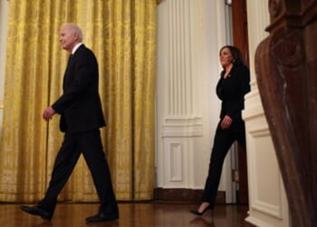 President Joe Biden and Vice President Kamala Harris walk into the East Room on May 20, 2021.