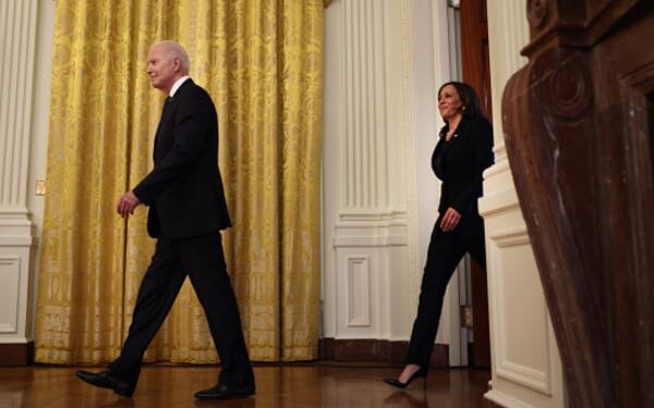 President Joe Biden and Vice President Kamala Harris walk into the East Room on May 20, 2021.