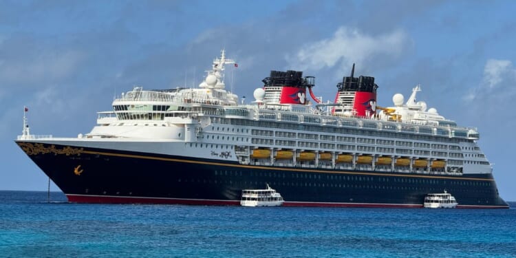 À Disney Magic cruise ship is approaching the Royal Walter cruise terminal in George Town port, Grand Cayman, on Feb. 12, 2024.