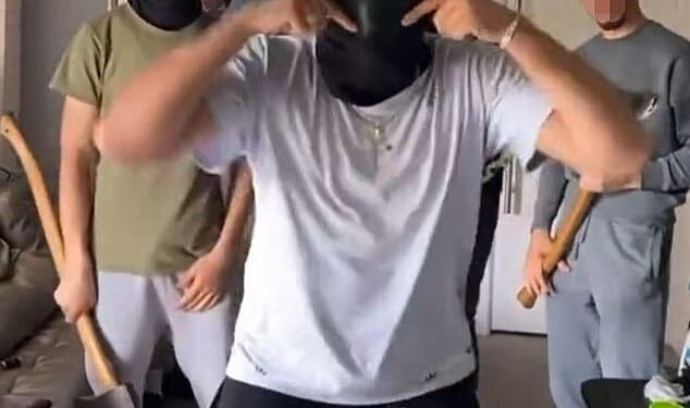 Sweeping across the country at a terrifying pace, Albanian gangs have rapidly taken over the UK's drug market - and all the crime that comes with it (Pictured: five Albanians armed with knives, machetes and axes dance in footage captioned: 'Ready to break into cannabis houses')