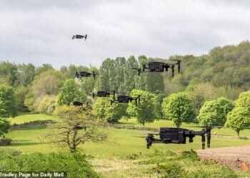 Eight drones took off in Usk, Monmouthshire this week, but the software could be used to power swarms involving hundreds in the future