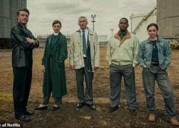 Pictured: (Left to right) tom Burke as Guy, Jasmine Blackborow as Erin, Steve Coogan as Don, Aml Ameen as Bailey, Hayley Squires as Kate, in Legends