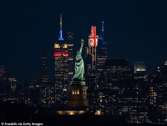 Their Majesties also shared a photo of the New York skyline, which featured the JPMorgan Chase building lit with a Union flag and the Empire State Building in red, white and blue on Tuesday
