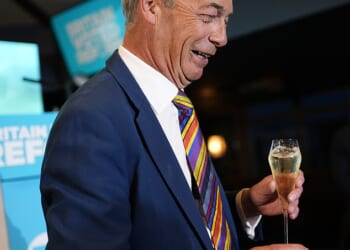 Reform leader Nigel Farage pictured after speaking to supporters at Chelmsford City Racecourse, Essex, following the 2026 local election results