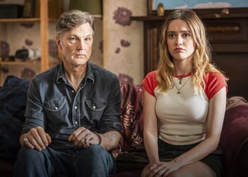 Actor David Morrissey (left), pictured with Aimee Lou Wood (right) has revealed how crippling social anxiety drove him to alcoholism, but that a desperate late-night call to a friend in AA saved his life