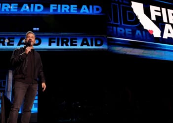 Jimmy Kimmel speaks onstage Jan. 30, 2025, during the FIREAID Benefit Concert for California Fire Relief at Intuit Dome in Inglewood, California.