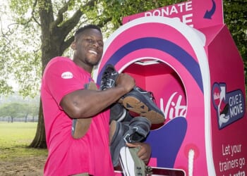 England rugby captain Maro Itoje is leading a campaign to urge Brits to part with trainers which they don't use (He is pictured in Battersea on Saturday)