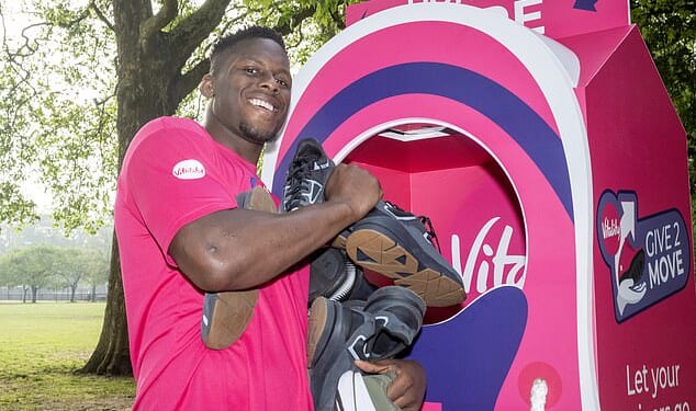 England rugby captain Maro Itoje is leading a campaign to urge Brits to part with trainers which they don't use (He is pictured in Battersea on Saturday)