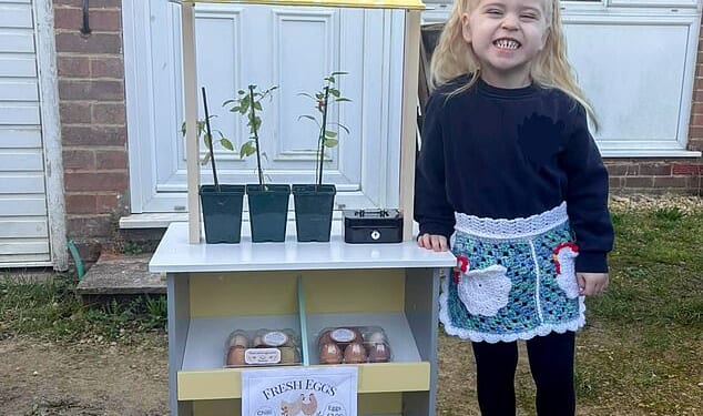 Maisie was all smiles as she posed next to her brand new stand. The heartbroken toddler's little business has been saved after Aldi donated its new wooden toy range to Maisie