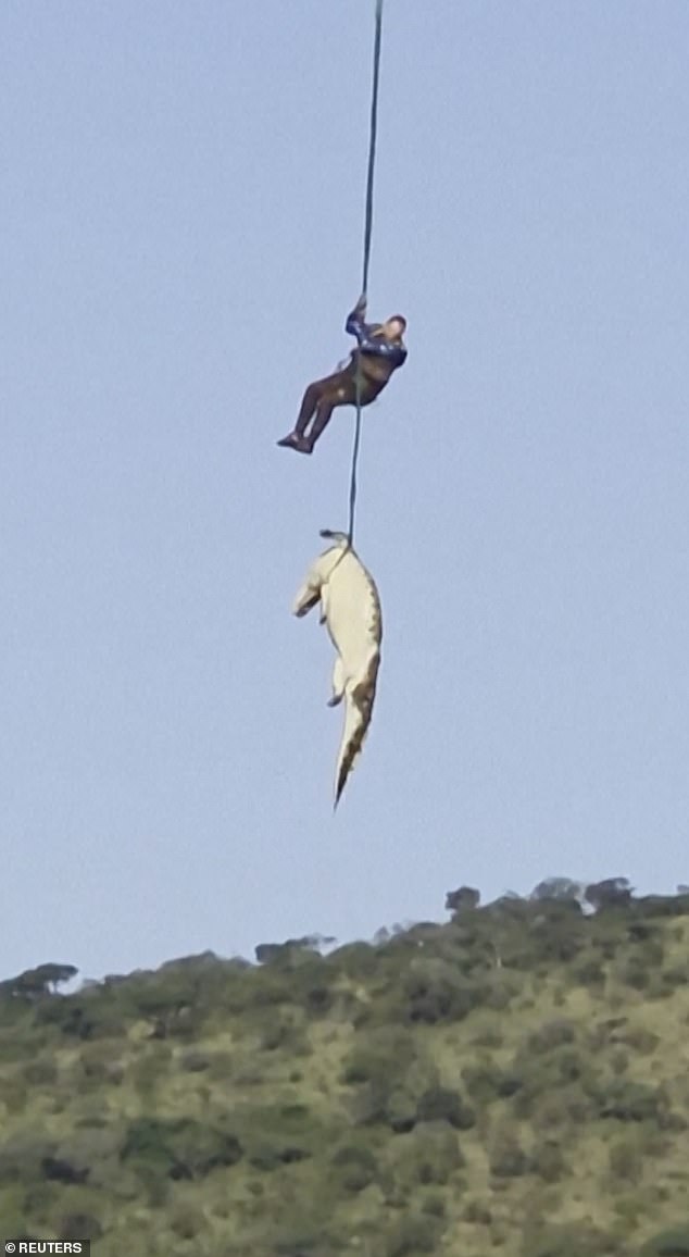The bravery of the police dive team commander Captain Johan 'Pottie' Potgieter has been hailed after he volunteered to be airlifted in to retrieve the shot-dead croc