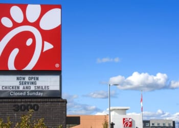 A Chick-fil-A restaurant with a drive thru at the Ottawa Tanger Outlets shopping complex in Kanata, a suburb of Ottawa, Canada.