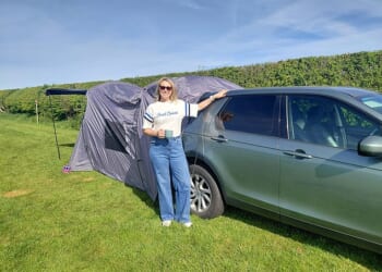 When your car keys and your bed for the night are the same thing: Jo pictured testing out Aldi's £69.99 car tent